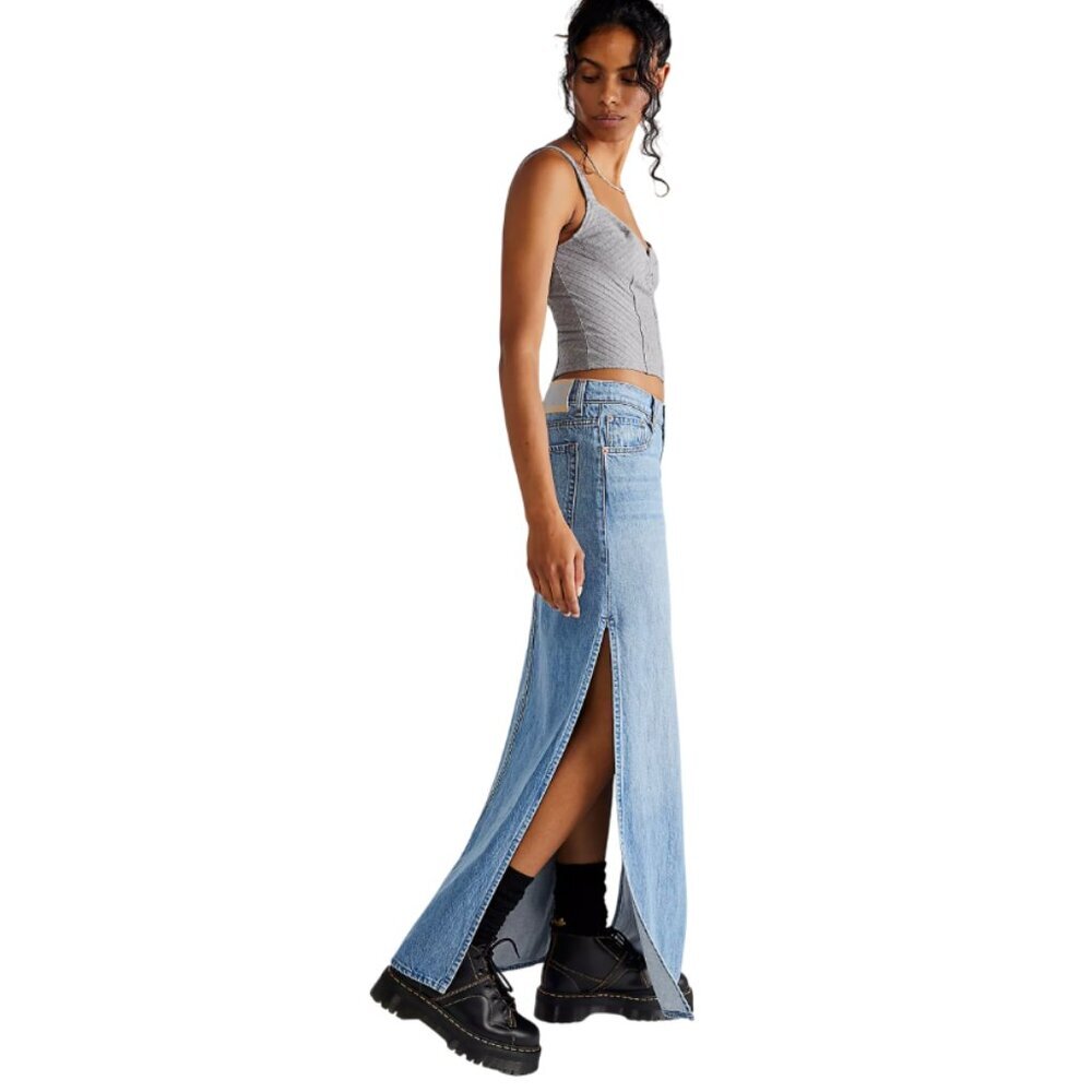 Mother Snacks the Fun Dip Slice Maxi Denim Jean Skirt Womens 34 Blue Side Slit